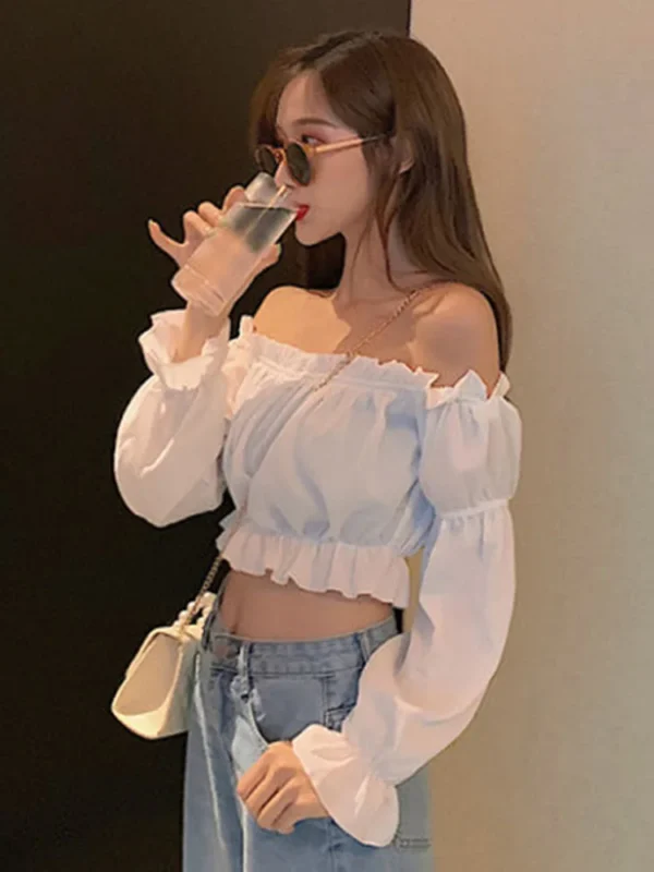 Women Top Sexy Blouse Off Shoulder Top Long Sleeve Solid Color White Shirt Puff Sleeve Ruffle Tunic Crop Top Summer Tube Top - Image 5