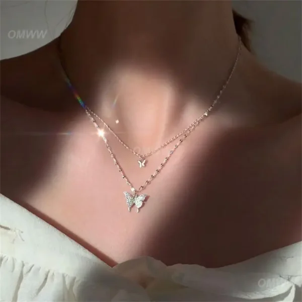 Necklace Unique Design Exquisite Sparkling Pendant Necklace Flash Double Layer Butterfly Pendant Joker Necklace - Image 3