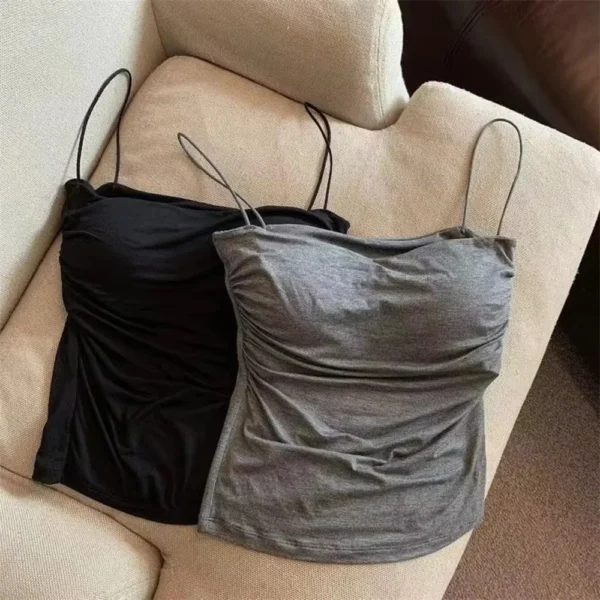 1 Pc Stylish Waist Pleated Corset - Soft support fixed chest pad sleeveless vest Sexy short top with thin straps Solid color - Image 3