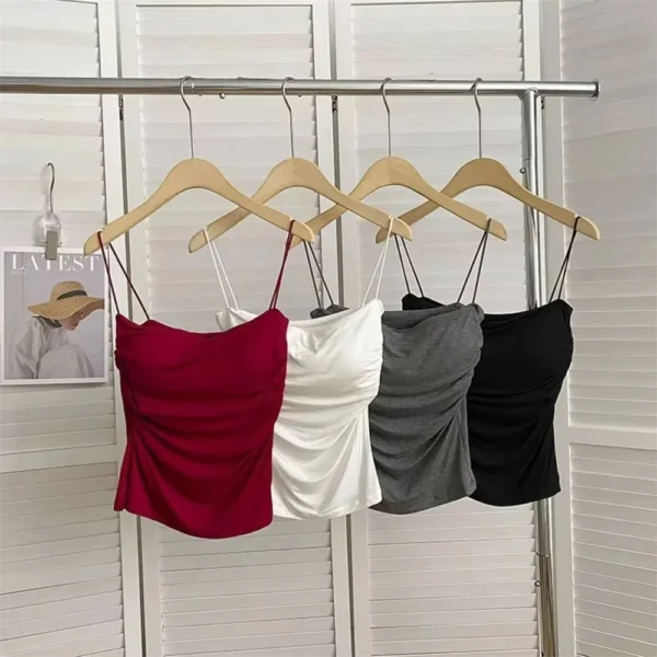 1 Pc Stylish Waist Pleated Corset - Soft support fixed chest pad sleeveless vest Sexy short top with thin straps Solid color - Image 5