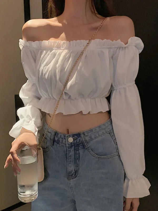 Women Top Sexy Blouse Off Shoulder Top Long Sleeve Solid Color White Shirt Puff Sleeve Ruffle Tunic Crop Top Summer Tube Top