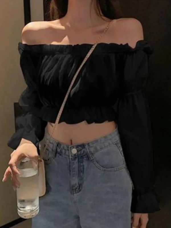 Women Top Sexy Blouse Off Shoulder Top Long Sleeve Solid Color White Shirt Puff Sleeve Ruffle Tunic Crop Top Summer Tube Top - Image 3