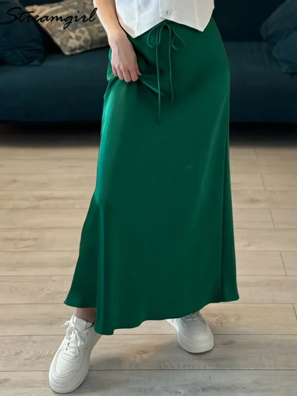 Long Black Satin Skirts For Women 2025 Spring Summer Straight Maxi Green Skirt Elegant Beige Women Satin Silk Skirts Long Brown - Image 3