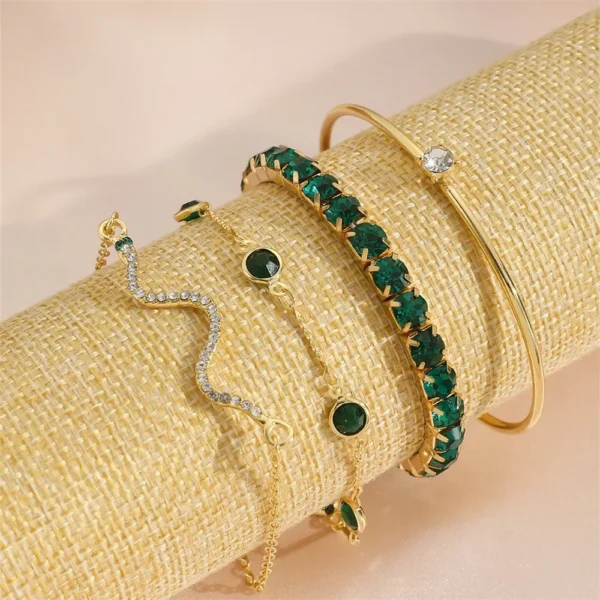 4Pcs/Set Fashion Snake Green Gemstone Bangle Rhinestone Full Metal Bracelet For Women Birthday Party Christmas Gift Jewerly - Image 4