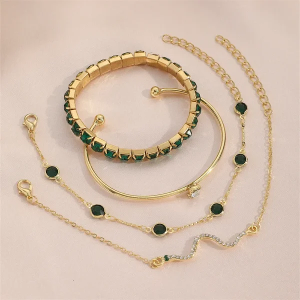 4Pcs/Set Fashion Snake Green Gemstone Bangle Rhinestone Full Metal Bracelet For Women Birthday Party Christmas Gift Jewerly - Image 3