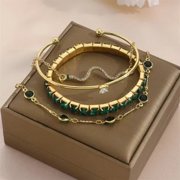 4Pcs/Set Fashion Snake Green Gemstone Bangle Rhinestone Full Metal Bracelet For Women Birthday Party Christmas Gift Jewerly - Image 5