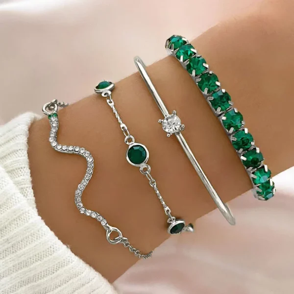 4Pcs/Set Fashion Snake Green Gemstone Bangle Rhinestone Full Metal Bracelet For Women Birthday Party Christmas Gift Jewerly - Image 2